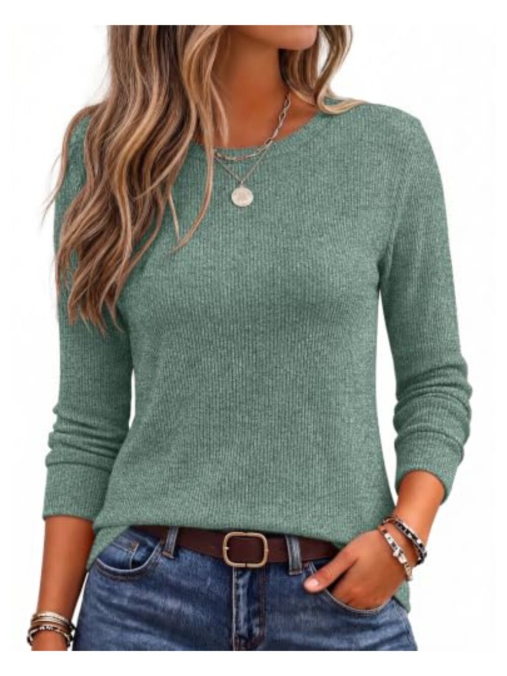 Womens Long Sleeve Crewneck Ribbed Knit Casual Top Fall Winter